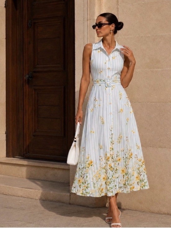 Commense Dresses & Skirts - Floral Striped Sleeveless Belted Midi Dress